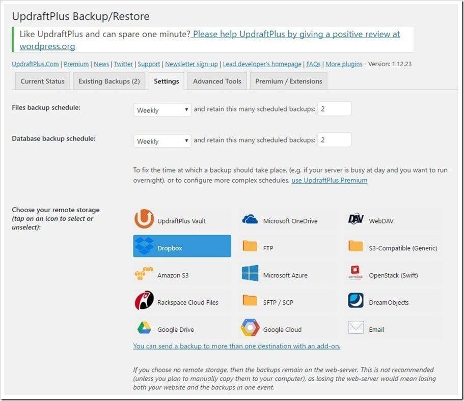 use updraftplus to backup wordpress