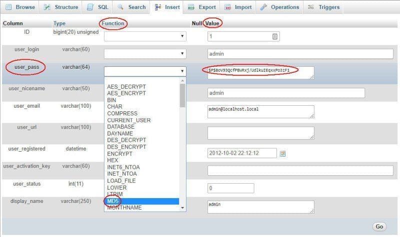 wp_usertable edit WordPress user in database phpmyadmin
