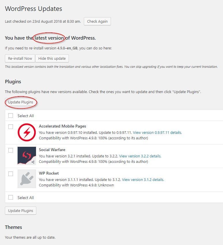 WordPress updates page
