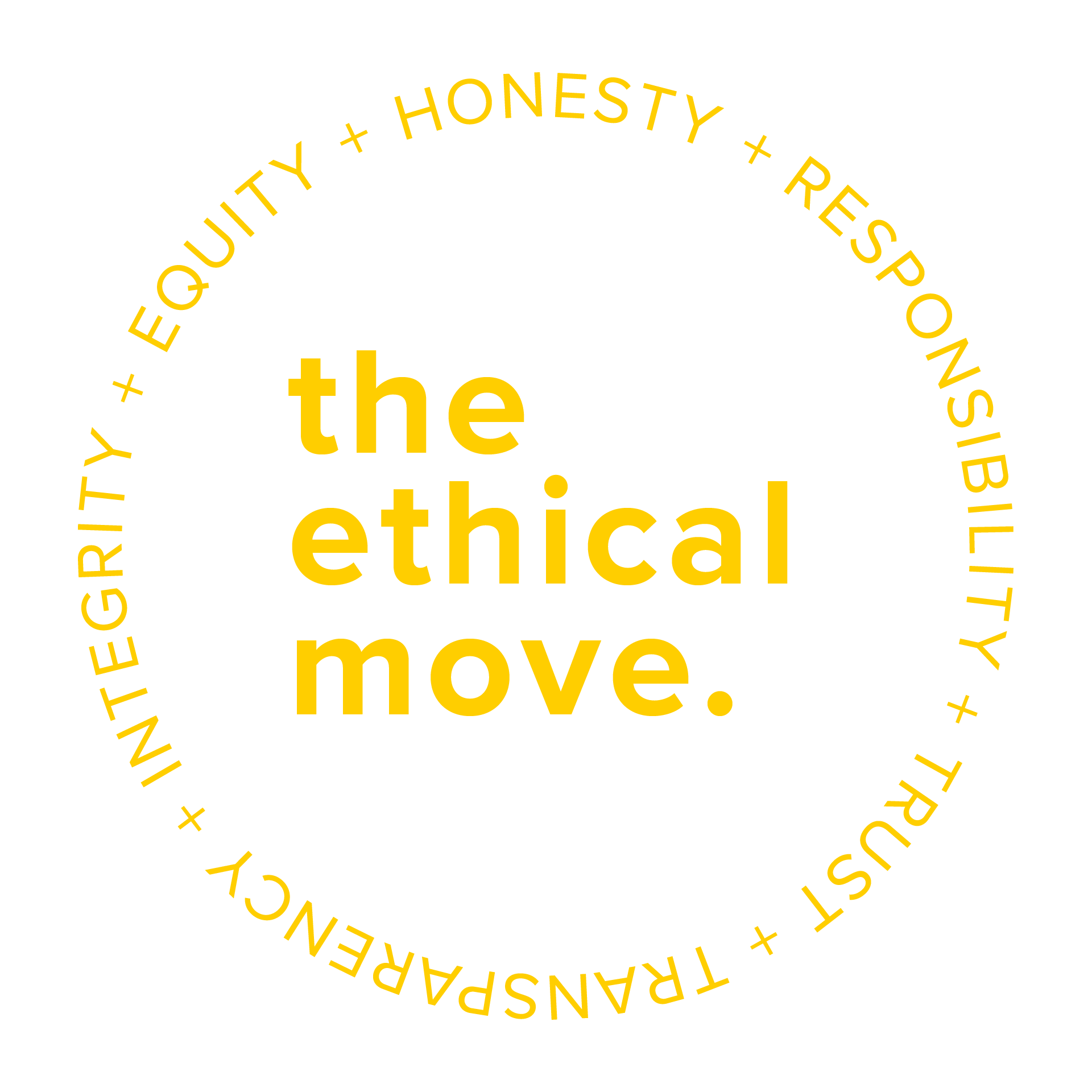 The Ethical Move logo in [white on black] [with values in a circle outline: Honesty, Responsibility, Trust, Transparency, Integrity, Equity]. Links to theethicalmove.org